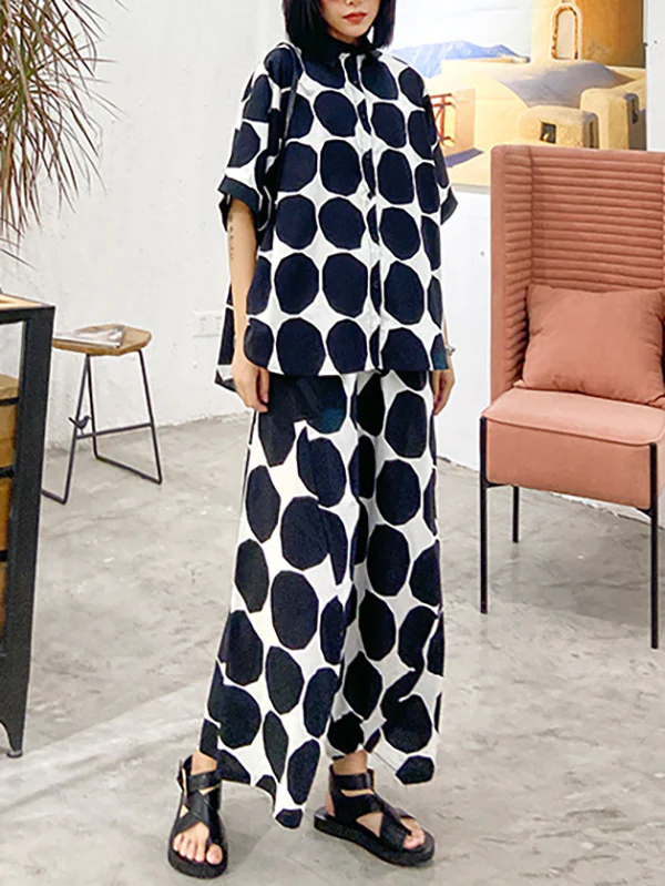 Batwing Sleeves Buttoned Polka-Dot Round-Neck Shirts Top + Elasticity Pockets Harem Pants Pants Bottom Two Pieces Set - Image 7