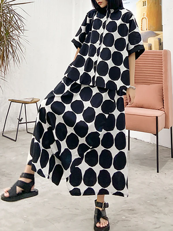 Batwing Sleeves Buttoned Polka-Dot Round-Neck Shirts Top + Elasticity Pockets Harem Pants Pants Bottom Two Pieces Set - Image 8