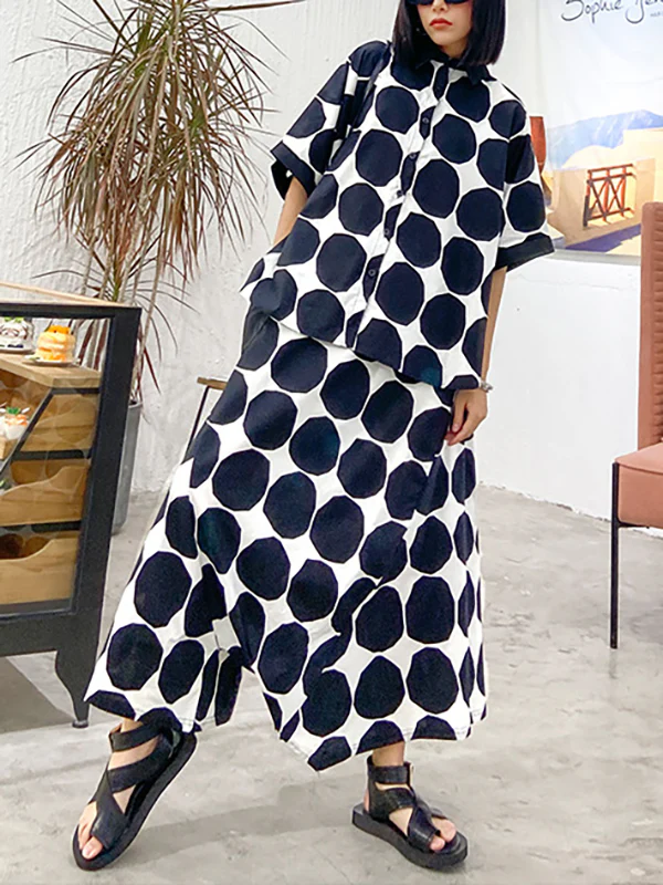 Batwing Sleeves Buttoned Polka-Dot Round-Neck Shirts Top + Elasticity Pockets Harem Pants Pants Bottom Two Pieces Set - Image 9