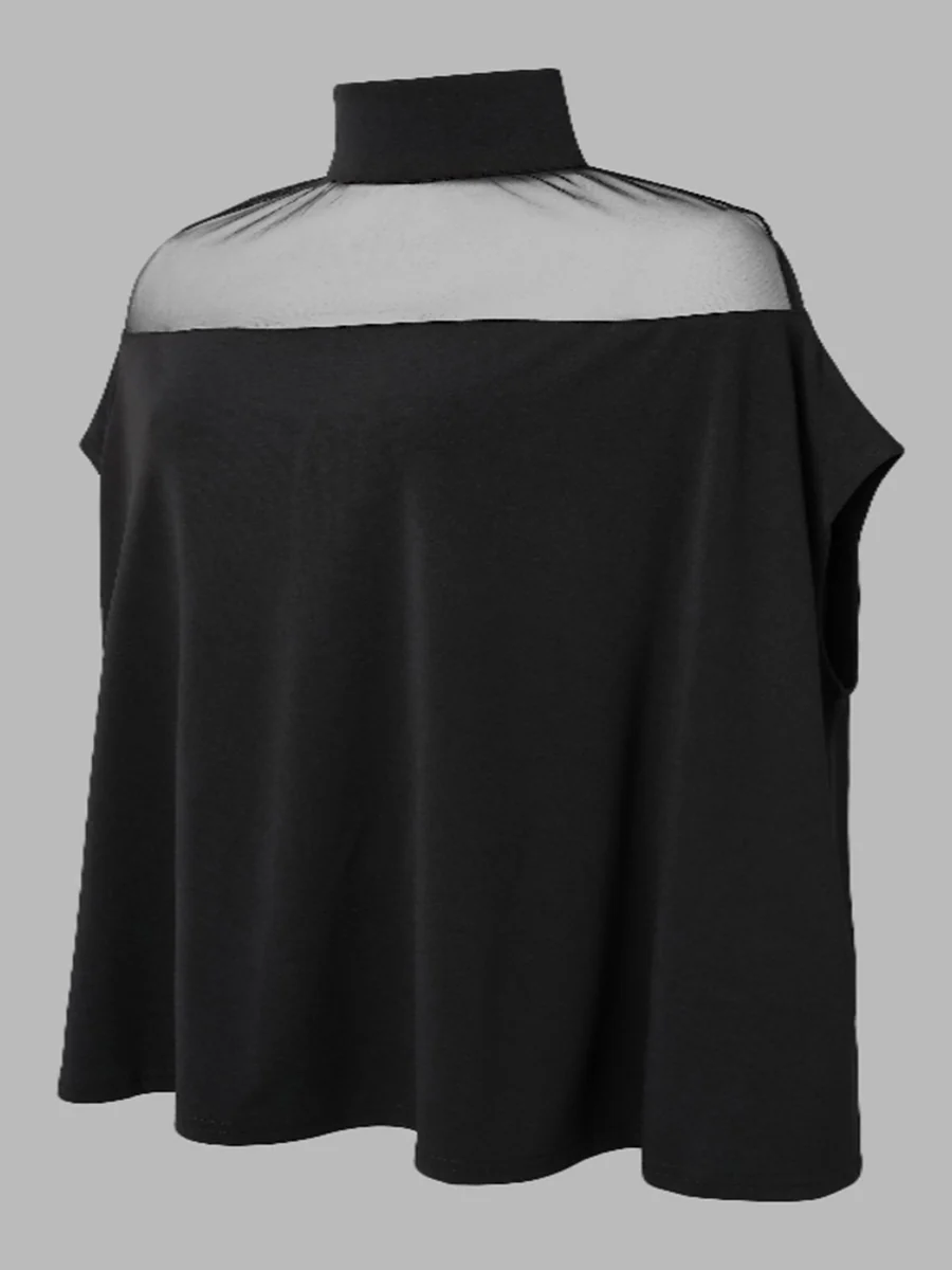 Batwing Sleeves Plus Size Cape See-Through Solid Color Split-Toe High-Neck Blouses&Shirts Tops - Image 3