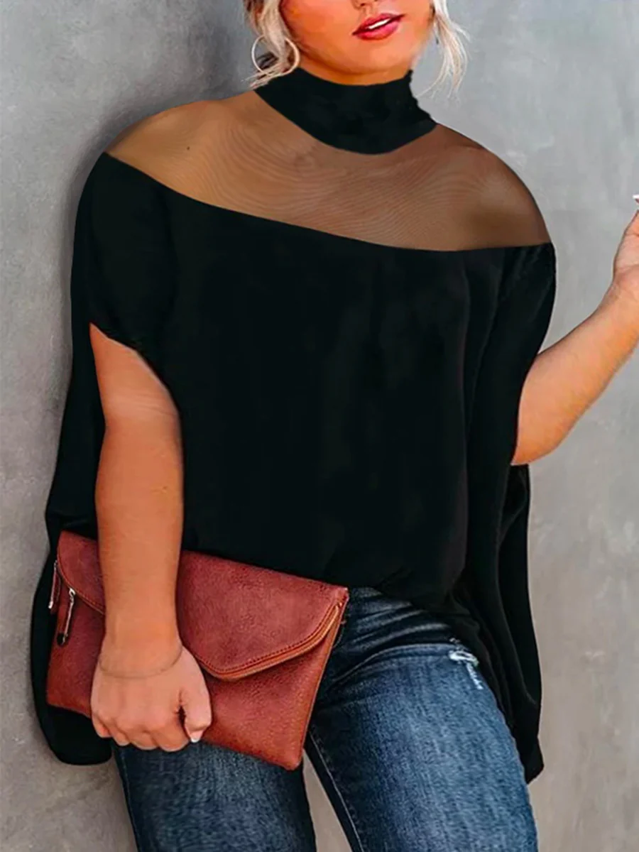 Batwing Sleeves Plus Size Cape See-Through Solid Color Split-Toe High-Neck Blouses&Shirts Tops - Image 6