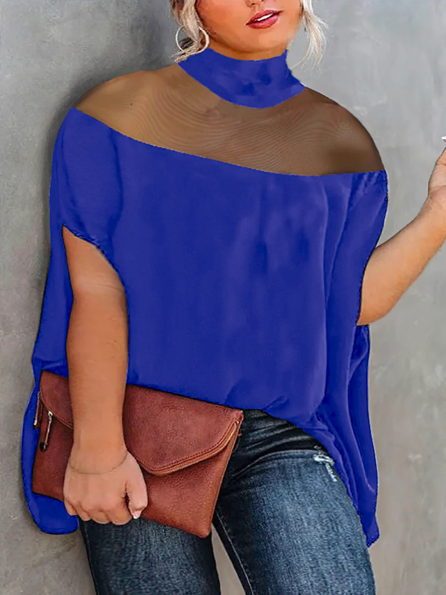 Batwing Sleeves Plus Size Cape See-Through Solid Color Split-Toe High-Neck Blouses&Shirts Tops - Image 7
