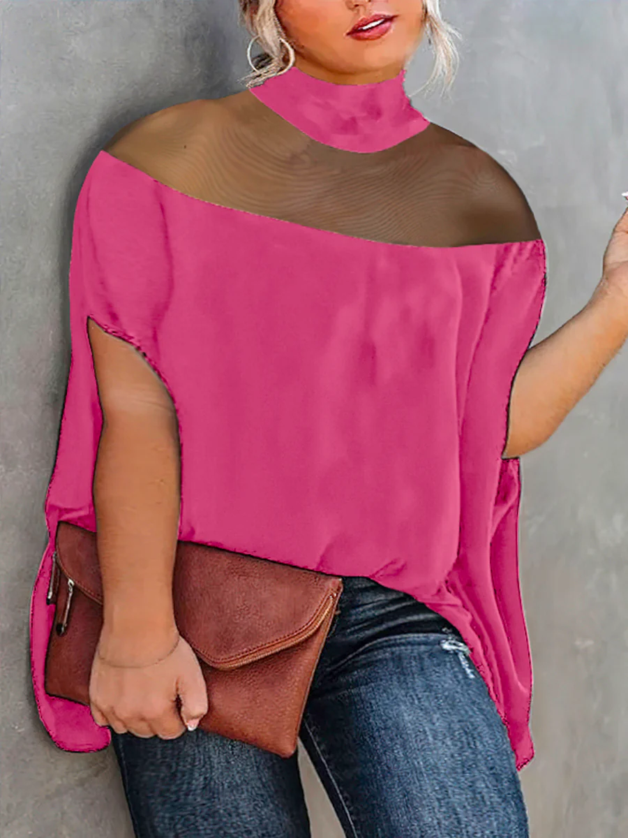 Batwing Sleeves Plus Size Cape See-Through Solid Color Split-Toe High-Neck Blouses&Shirts Tops - Image 8