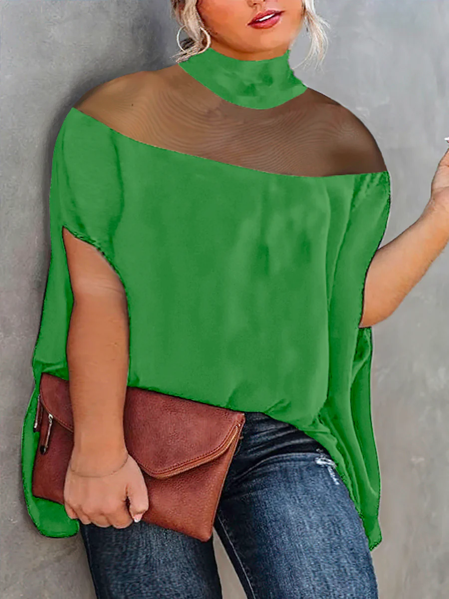 Batwing Sleeves Plus Size Cape See-Through Solid Color Split-Toe High-Neck Blouses&Shirts Tops - Image 9