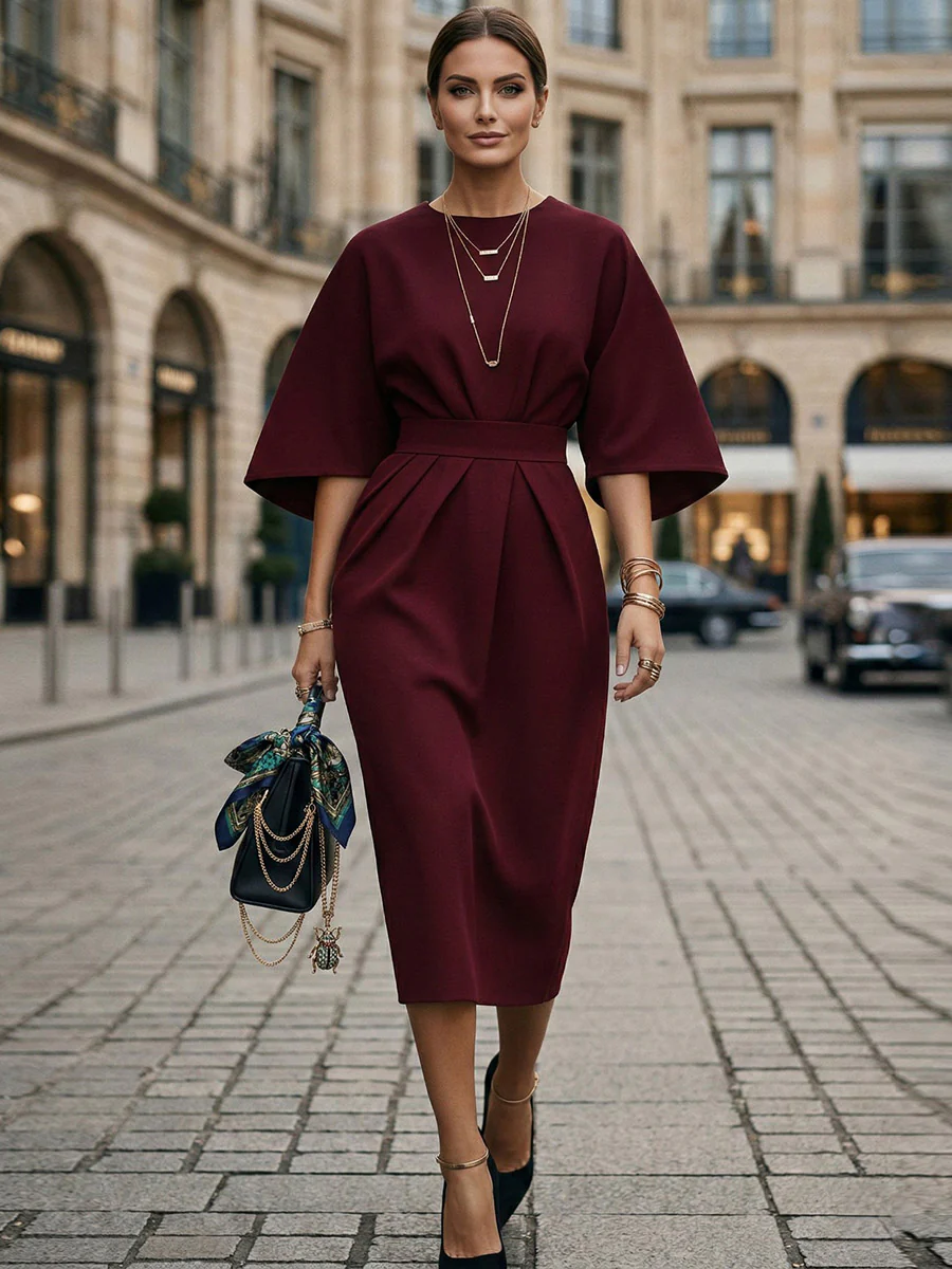 Batwing Sleeves Elasticated Waist Pleated Solid Color Split-Joint Round-Neck Midi Dresses - Image 2