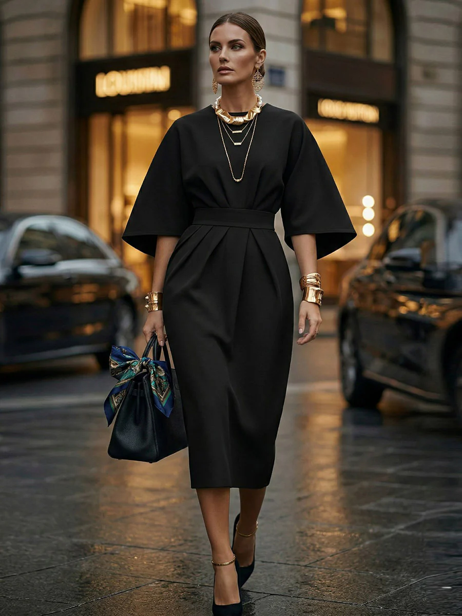 Batwing Sleeves Elasticated Waist Pleated Solid Color Split-Joint Round-Neck Midi Dresses - Image 3