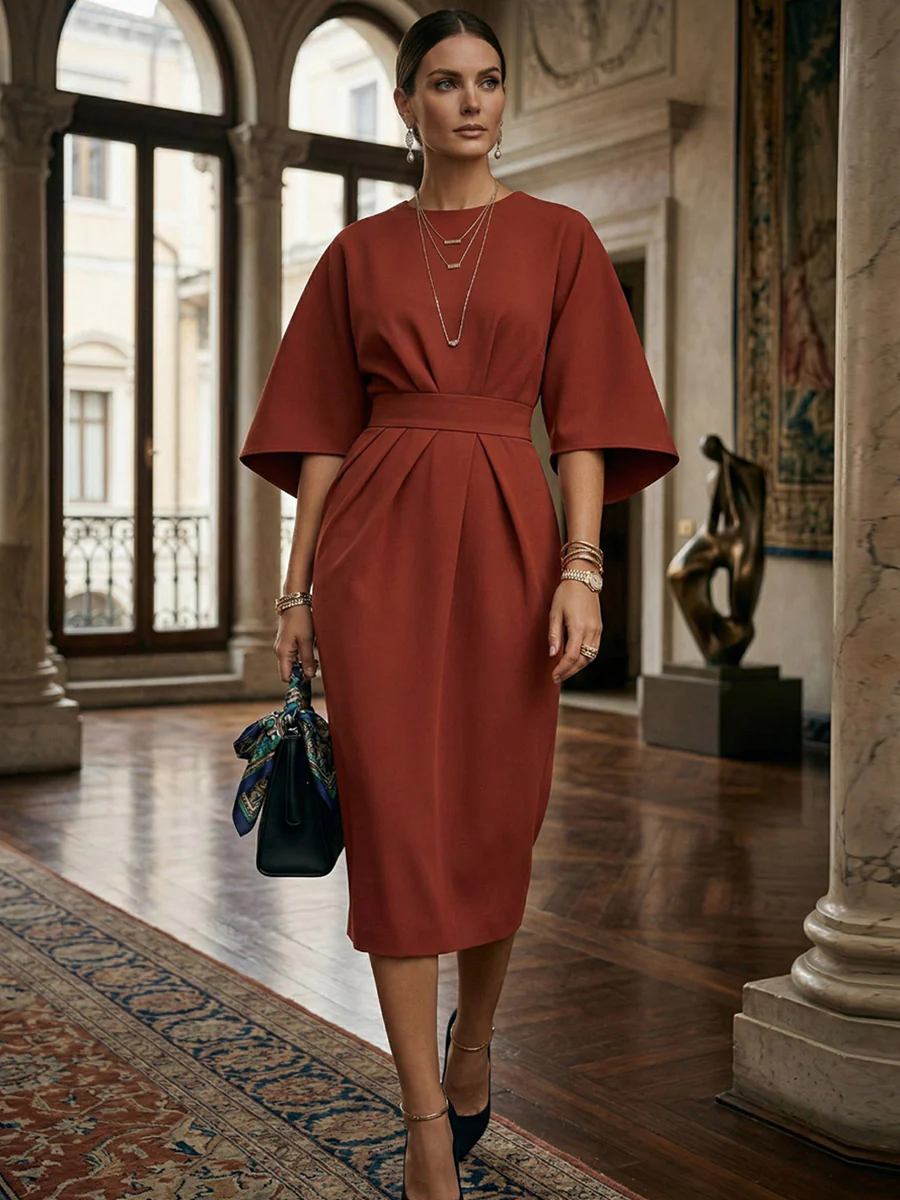 Batwing Sleeves Elasticated Waist Pleated Solid Color Split-Joint Round-Neck Midi Dresses - Image 4