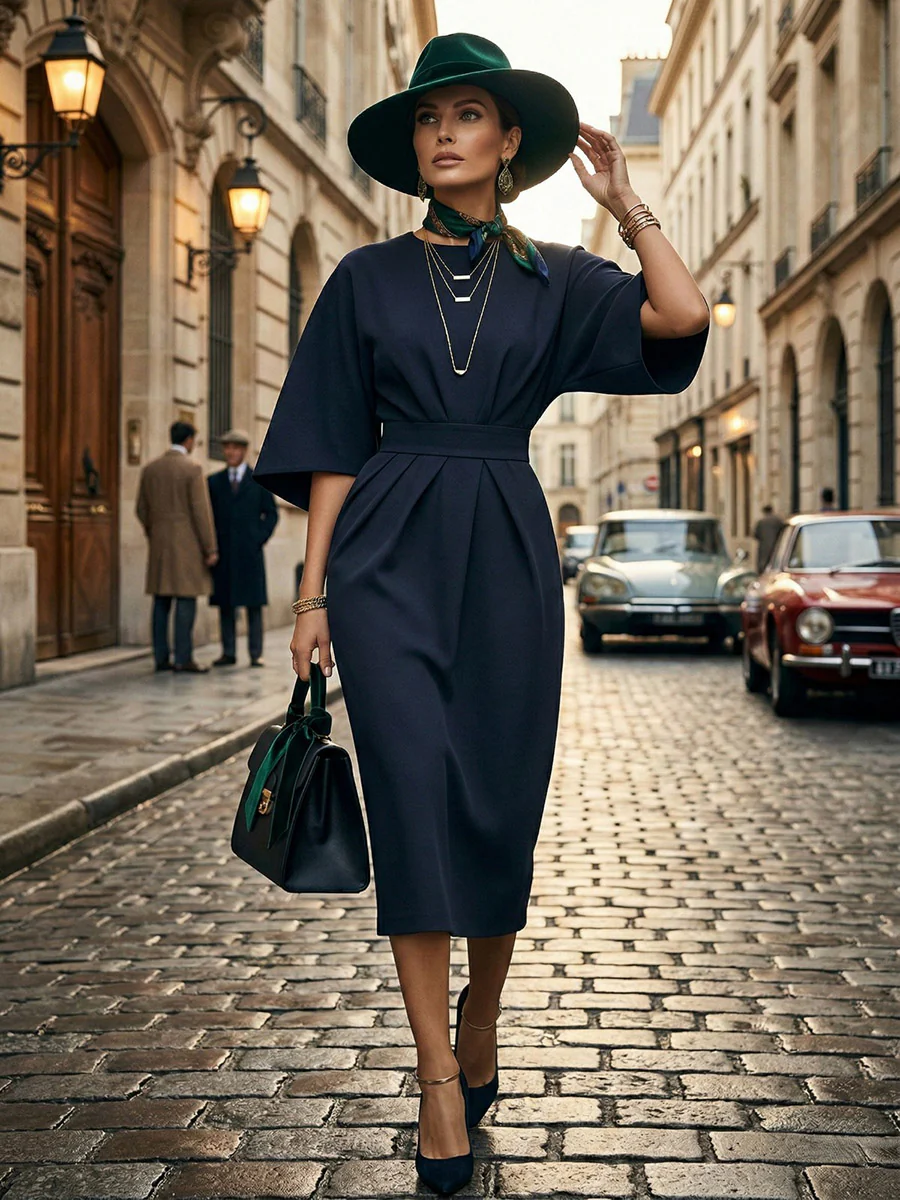 Batwing Sleeves Elasticated Waist Pleated Solid Color Split-Joint Round-Neck Midi Dresses - Image 5