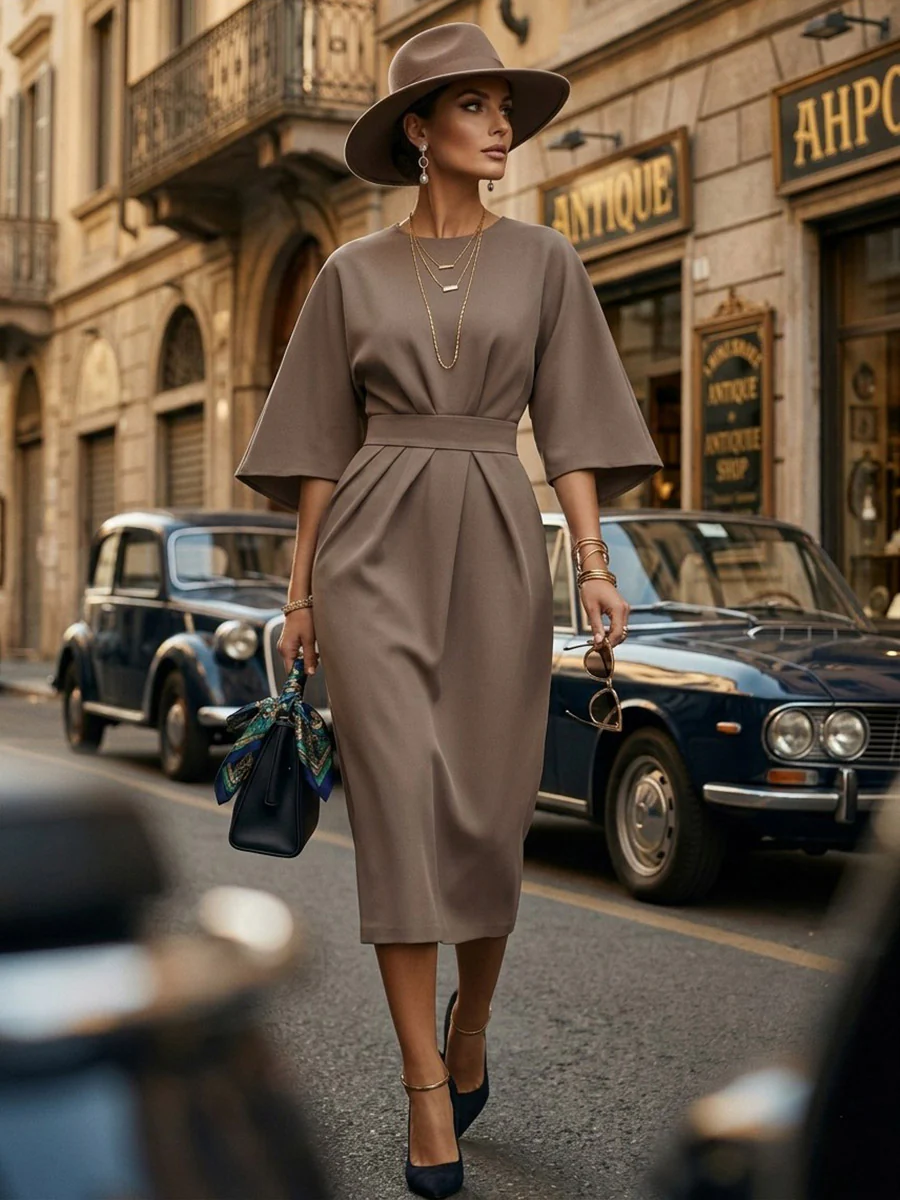 Batwing Sleeves Elasticated Waist Pleated Solid Color Split-Joint Round-Neck Midi Dresses - Image 6