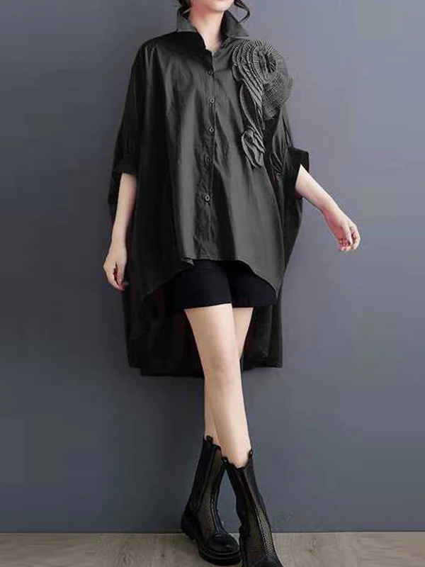 Batwing Sleeves Half Sleeves Asymmetric Buttoned Pleated Solid Color Three-Dimensional Flower Lapel Blouses&Shirts Tops - Image 10