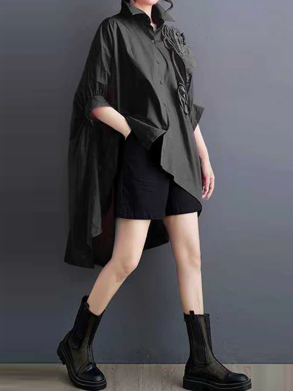 Batwing Sleeves Half Sleeves Asymmetric Buttoned Pleated Solid Color Three-Dimensional Flower Lapel Blouses&Shirts Tops - Image 11