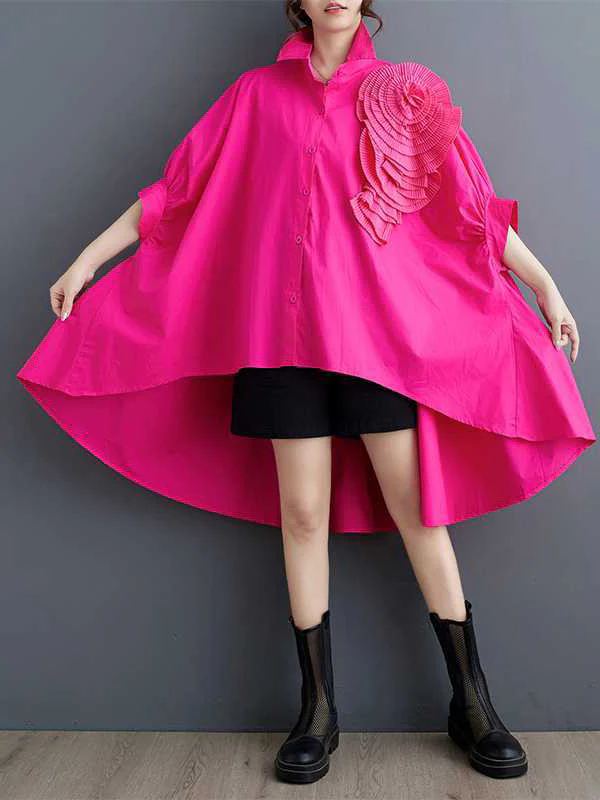 Batwing Sleeves Half Sleeves Asymmetric Buttoned Pleated Solid Color Three-Dimensional Flower Lapel Blouses&Shirts Tops - Image 12