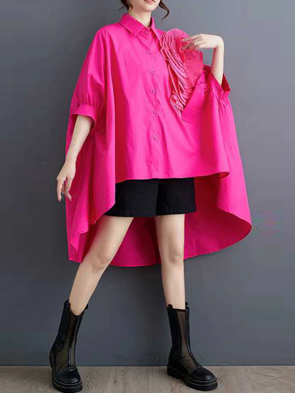 Batwing Sleeves Half Sleeves Asymmetric Buttoned Pleated Solid Color Three-Dimensional Flower Lapel Blouses&Shirts Tops - Image 13