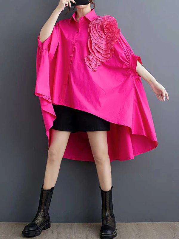 Batwing Sleeves Half Sleeves Asymmetric Buttoned Pleated Solid Color Three-Dimensional Flower Lapel Blouses&Shirts Tops - Image 14
