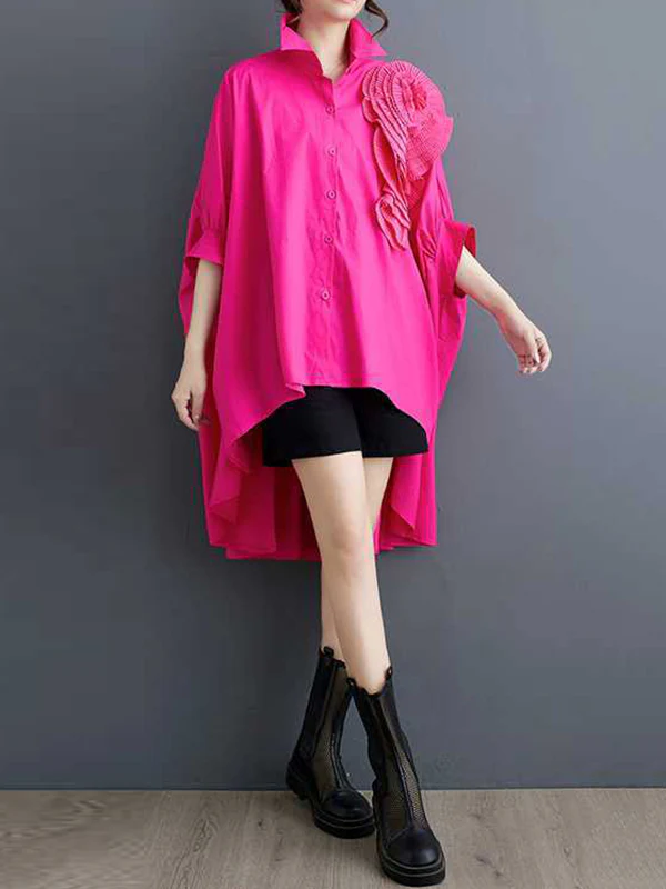 Batwing Sleeves Half Sleeves Asymmetric Buttoned Pleated Solid Color Three-Dimensional Flower Lapel Blouses&Shirts Tops - Image 15