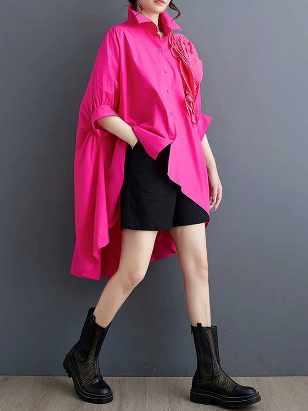 Batwing Sleeves Half Sleeves Asymmetric Buttoned Pleated Solid Color Three-Dimensional Flower Lapel Blouses&Shirts Tops - Image 16