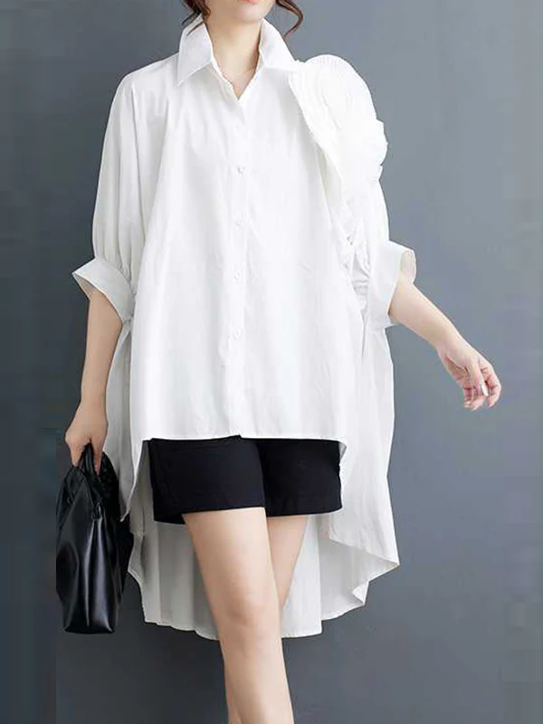Batwing Sleeves Half Sleeves Asymmetric Buttoned Pleated Solid Color Three-Dimensional Flower Lapel Blouses&Shirts Tops - Image 2