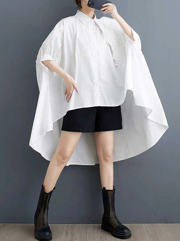 Batwing Sleeves Half Sleeves Asymmetric Buttoned Pleated Solid Color Three-Dimensional Flower Lapel Blouses&Shirts Tops - Image 3
