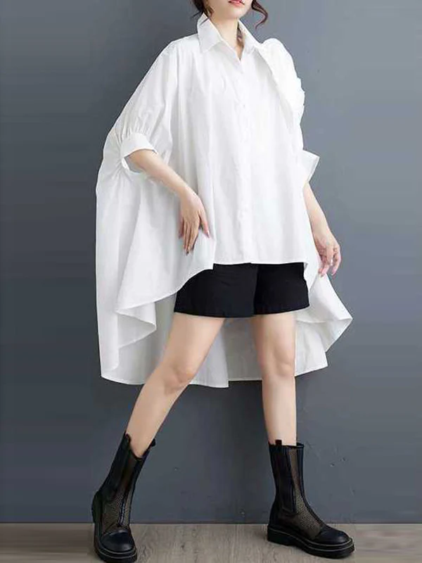 Batwing Sleeves Half Sleeves Asymmetric Buttoned Pleated Solid Color Three-Dimensional Flower Lapel Blouses&Shirts Tops - Image 4
