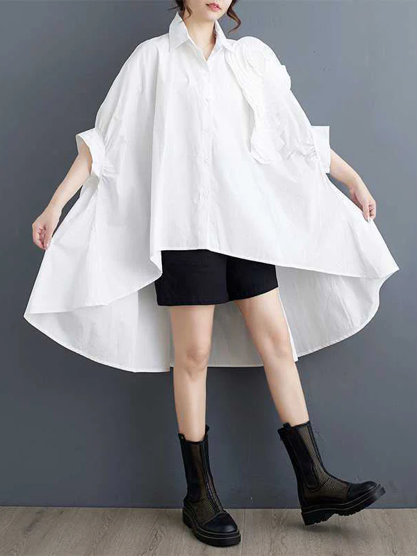 Batwing Sleeves Half Sleeves Asymmetric Buttoned Pleated Solid Color Three-Dimensional Flower Lapel Blouses&Shirts Tops - Image 5