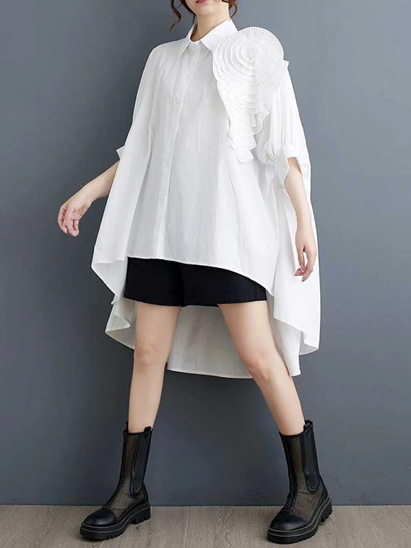 Batwing Sleeves Half Sleeves Asymmetric Buttoned Pleated Solid Color Three-Dimensional Flower Lapel Blouses&Shirts Tops - Image 6