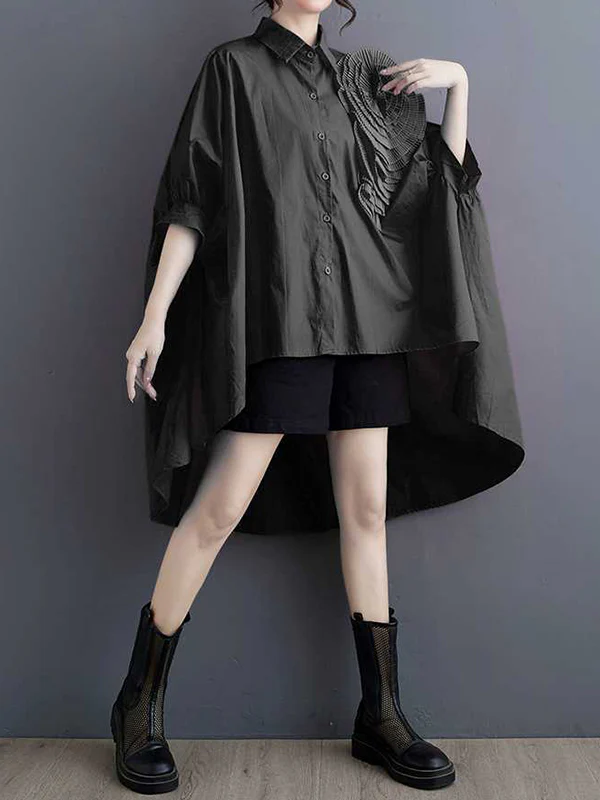 Batwing Sleeves Half Sleeves Asymmetric Buttoned Pleated Solid Color Three-Dimensional Flower Lapel Blouses&Shirts Tops - Image 7