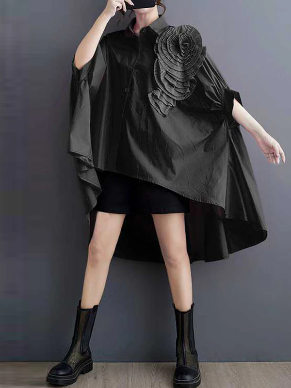 Batwing Sleeves Half Sleeves Asymmetric Buttoned Pleated Solid Color Three-Dimensional Flower Lapel Blouses&Shirts Tops - Image 8