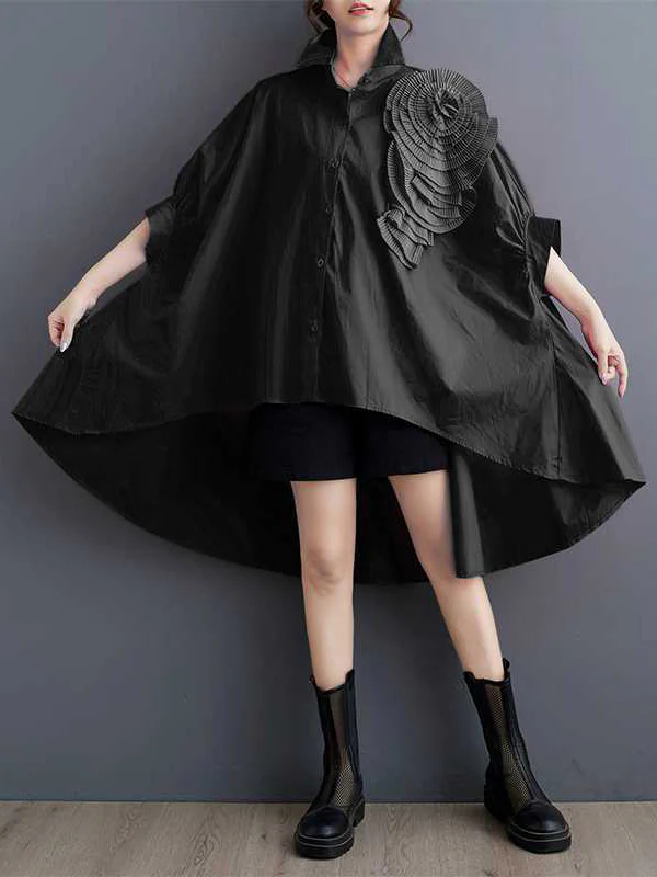 Batwing Sleeves Half Sleeves Asymmetric Buttoned Pleated Solid Color Three-Dimensional Flower Lapel Blouses&Shirts Tops - Image 9