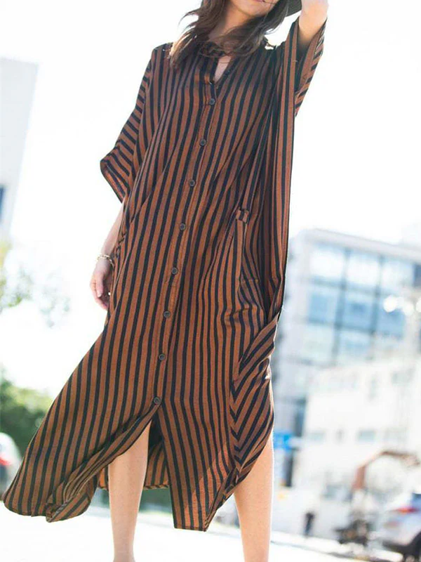 Batwing Sleeves Half Sleeves Buttoned Pockets Striped Round-Neck Beach Cover-Up Maxi Dresses - Image 10
