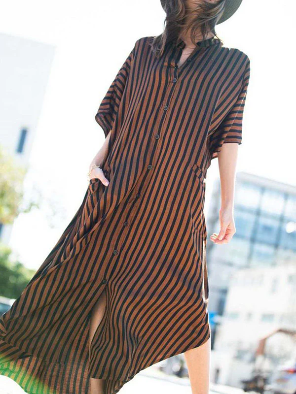 Batwing Sleeves Half Sleeves Buttoned Pockets Striped Round-Neck Beach Cover-Up Maxi Dresses - Image 11