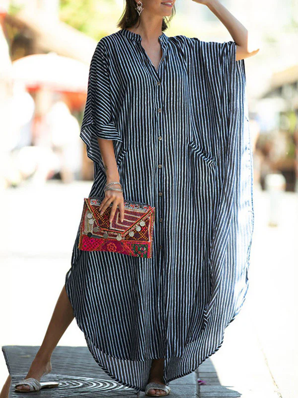 Batwing Sleeves Half Sleeves Buttoned Pockets Striped Round-Neck Beach Cover-Up Maxi Dresses - Image 13