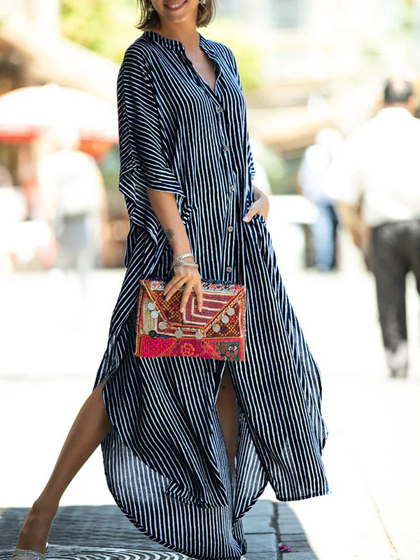 Batwing Sleeves Half Sleeves Buttoned Pockets Striped Round-Neck Beach Cover-Up Maxi Dresses - Image 14