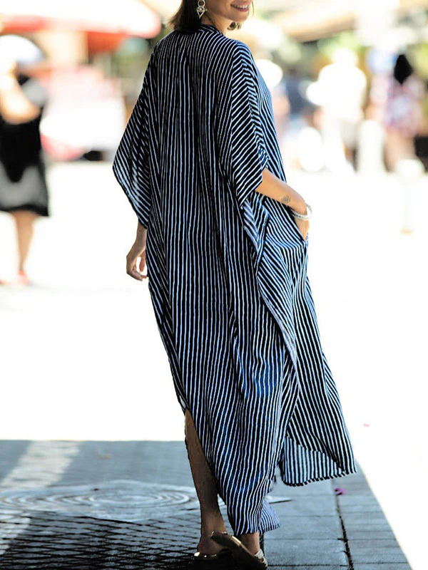 Batwing Sleeves Half Sleeves Buttoned Pockets Striped Round-Neck Beach Cover-Up Maxi Dresses - Image 15