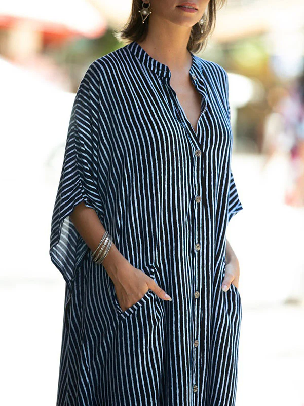 Batwing Sleeves Half Sleeves Buttoned Pockets Striped Round-Neck Beach Cover-Up Maxi Dresses - Image 17