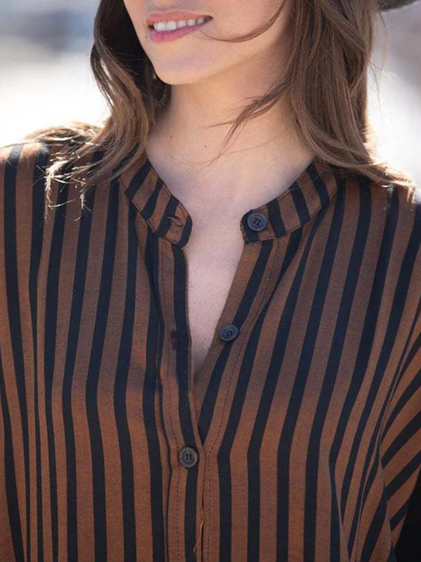 Batwing Sleeves Half Sleeves Buttoned Pockets Striped Round-Neck Beach Cover-Up Maxi Dresses - Image 18