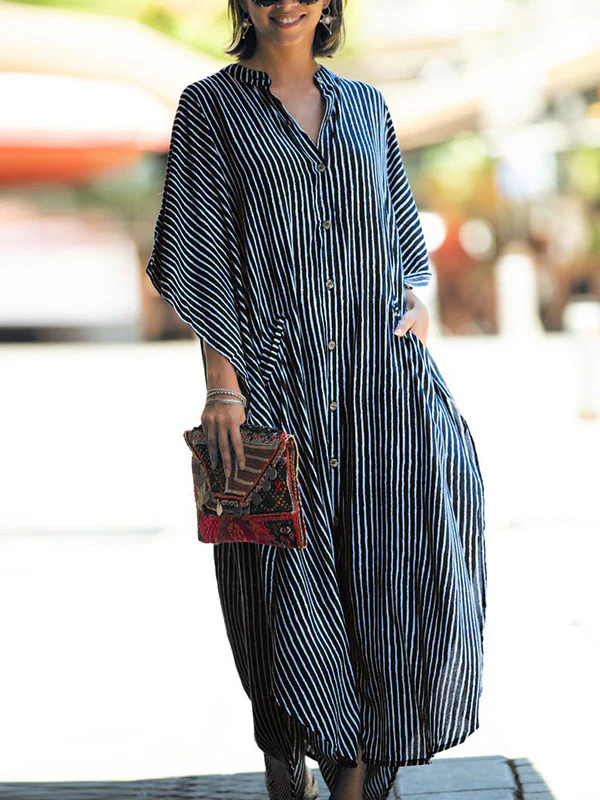 Batwing Sleeves Half Sleeves Buttoned Pockets Striped Round-Neck Beach Cover-Up Maxi Dresses - Image 3