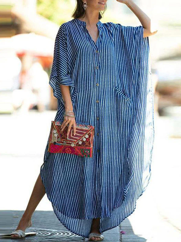 Batwing Sleeves Half Sleeves Buttoned Pockets Striped Round-Neck Beach Cover-Up Maxi Dresses - Image 4