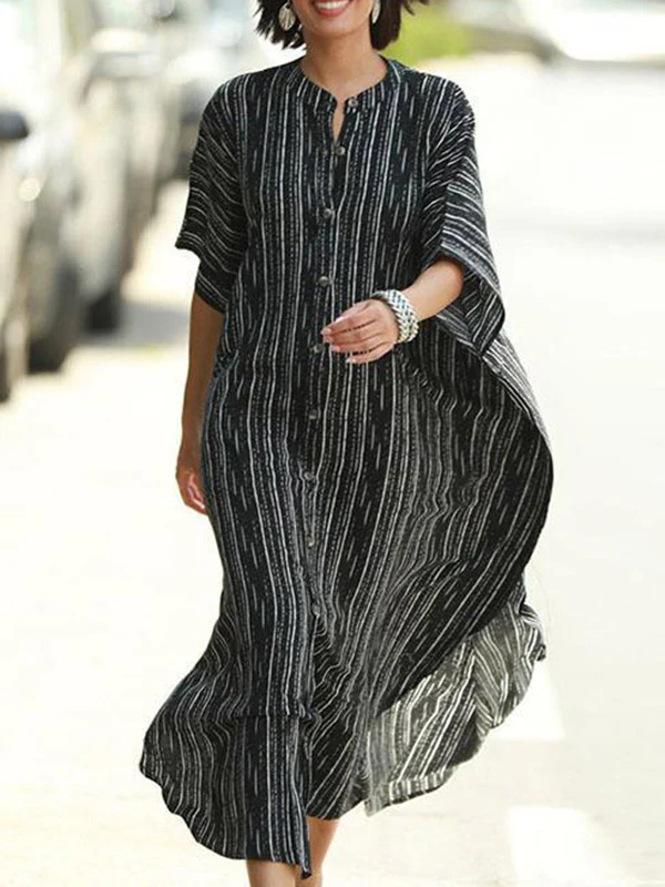 Batwing Sleeves Half Sleeves Buttoned Pockets Striped Round-Neck Beach Cover-Up Maxi Dresses - Image 5