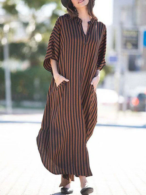 Batwing Sleeves Half Sleeves Buttoned Pockets Striped Round-Neck Beach Cover-Up Maxi Dresses - Image 6