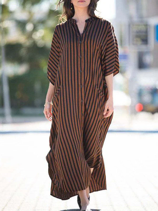 Batwing Sleeves Half Sleeves Buttoned Pockets Striped Round-Neck Beach Cover-Up Maxi Dresses - Image 7