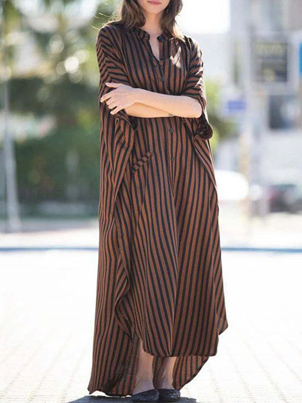 Batwing Sleeves Half Sleeves Buttoned Pockets Striped Round-Neck Beach Cover-Up Maxi Dresses - Image 8