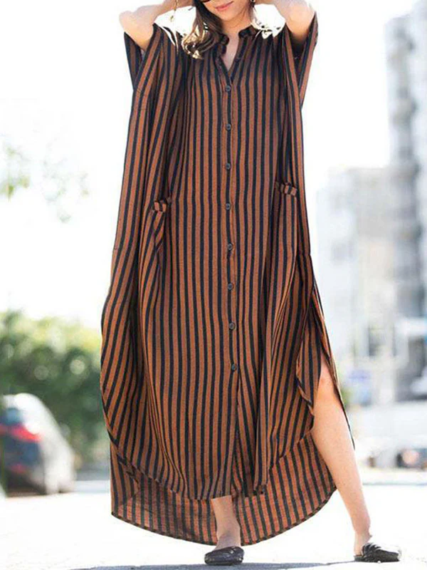 Batwing Sleeves Half Sleeves Buttoned Pockets Striped Round-Neck Beach Cover-Up Maxi Dresses - Image 9