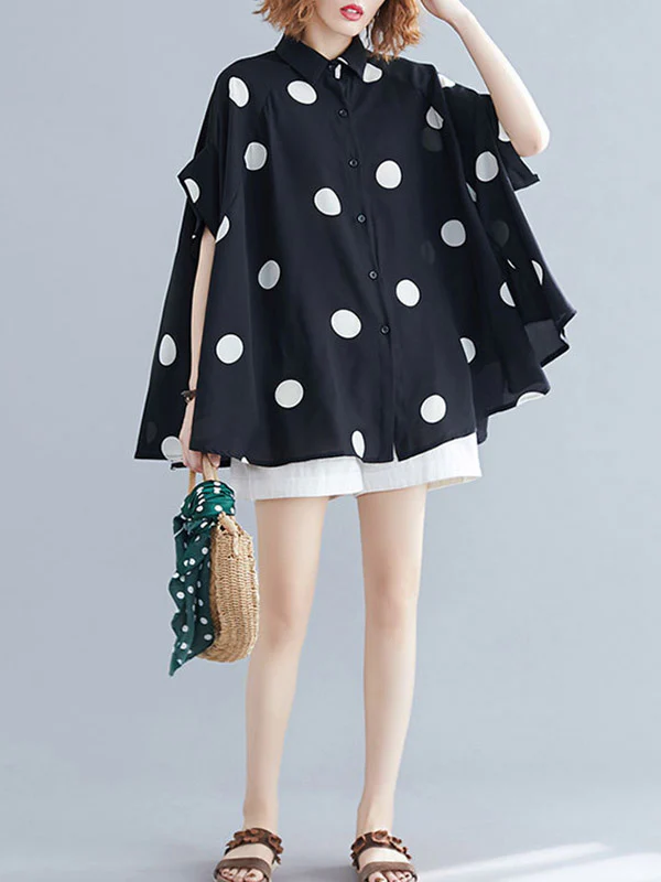 Batwing Sleeves Half Sleeves Buttoned Polka-Dot Lapel Blouses&Shirts Tops - Image 10