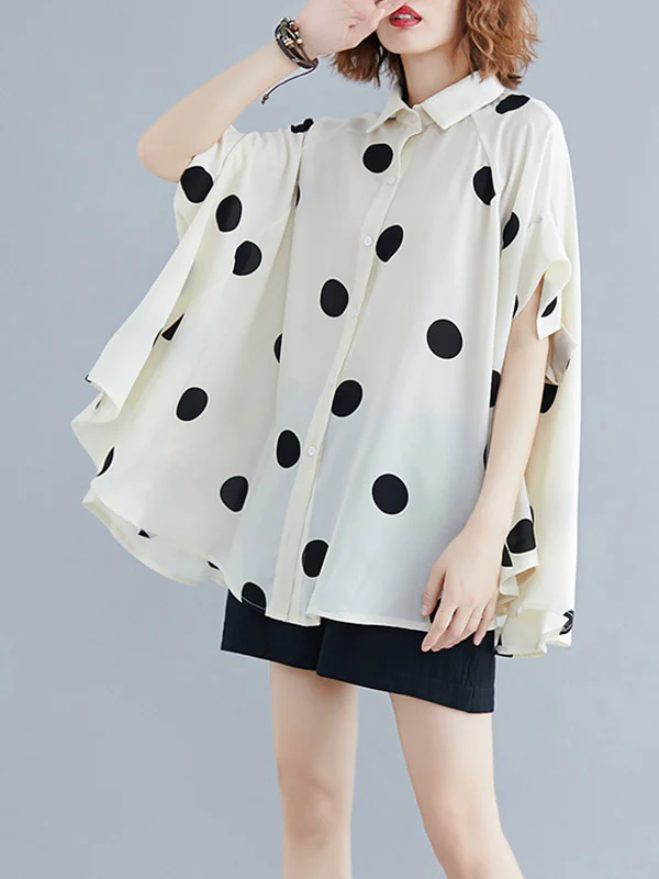 Batwing Sleeves Half Sleeves Buttoned Polka-Dot Lapel Blouses&Shirts Tops - Image 3