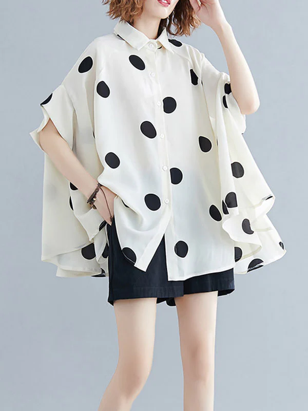 Batwing Sleeves Half Sleeves Buttoned Polka-Dot Lapel Blouses&Shirts Tops - Image 4