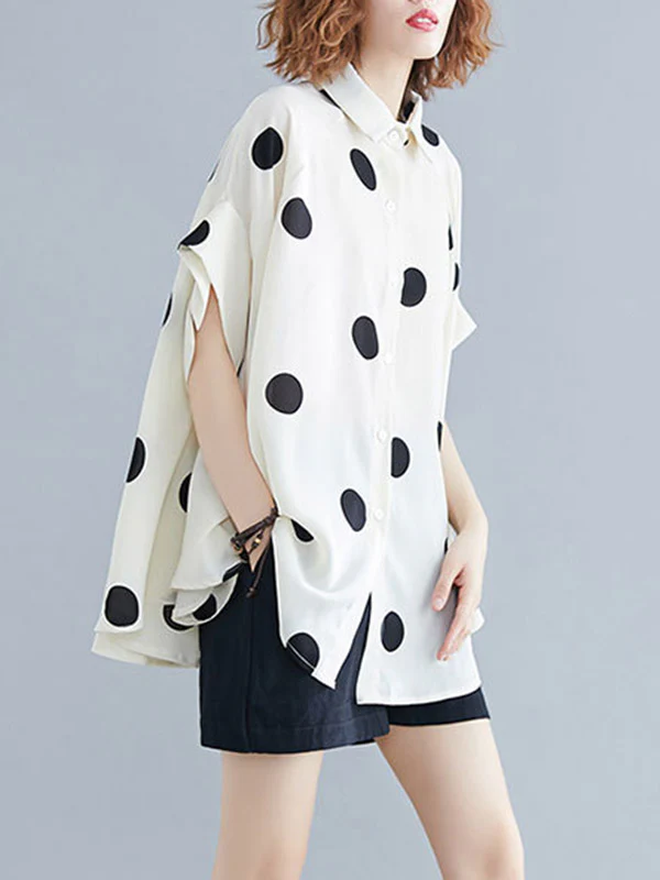 Batwing Sleeves Half Sleeves Buttoned Polka-Dot Lapel Blouses&Shirts Tops - Image 5