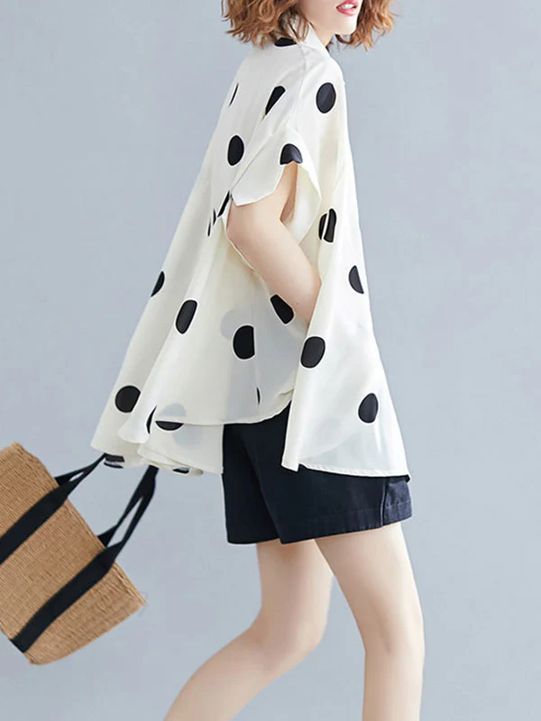 Batwing Sleeves Half Sleeves Buttoned Polka-Dot Lapel Blouses&Shirts Tops - Image 6