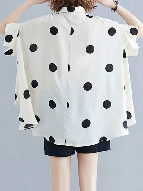 Batwing Sleeves Half Sleeves Buttoned Polka-Dot Lapel Blouses&Shirts Tops - Image 7