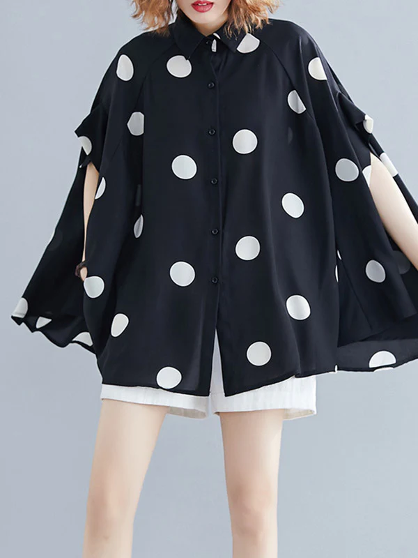 Batwing Sleeves Half Sleeves Buttoned Polka-Dot Lapel Blouses&Shirts Tops - Image 8
