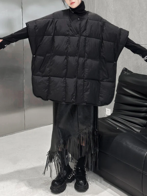 Batwing Sleeves Half Sleeves Buttoned Solid Color Round-Neck Padded Vest - Image 3